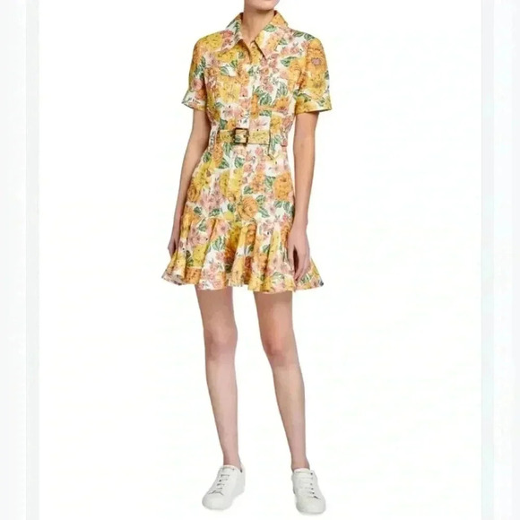 Zimmermann Poppy Belted Mini Dress 0 US4 Linen Short Sleeve Floral Shirt Dress - Picture 10 of 15
